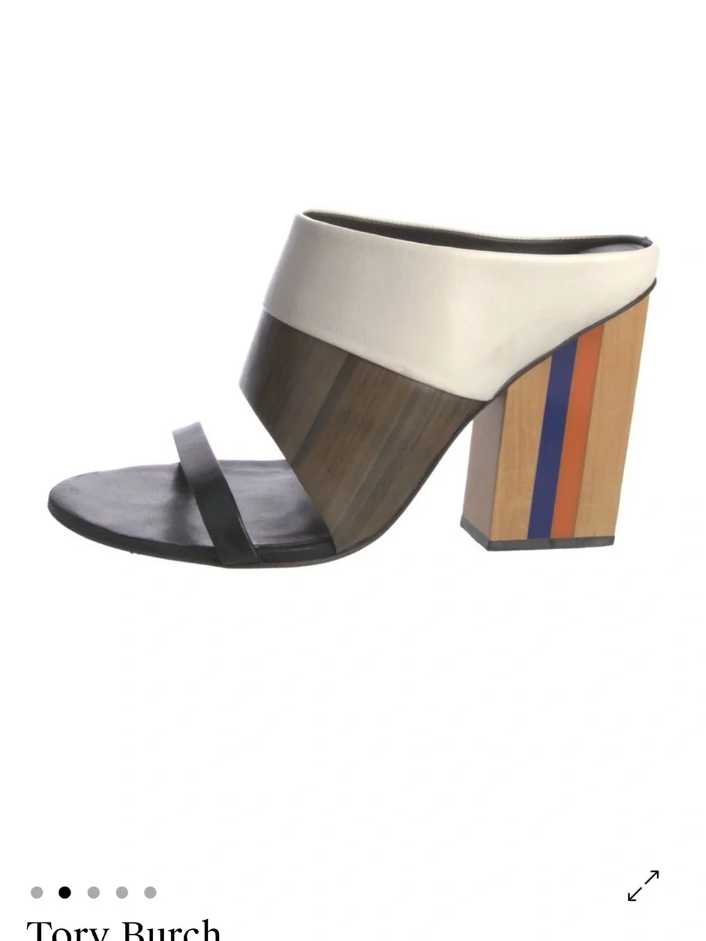Tory Burch White, Black & Wood Block Heel Sandal with Blue and Orange Stripes